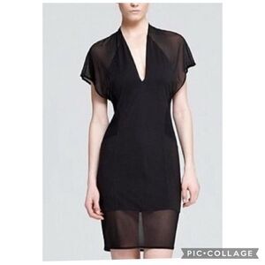 Helmut Lang v neck sheer panel fitted LBD mini dress petite